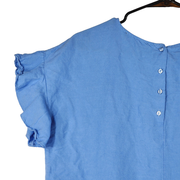 Context Linen Peplum Top Blouse sz M Women Blue Flutter Sleeves Cottage Coastal - Picture 7 of 13